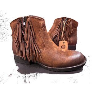BORN Kenia Fringe Western Zip Bootie | W's 7.5 | Rust/Tobacco Distressed Leather